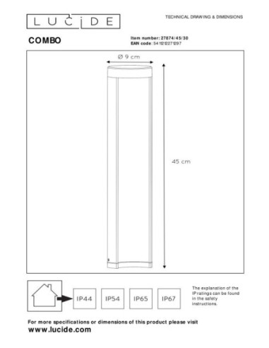 Combo  de Lucide - Potelet Led 215 lm 3000K IP54 aluminium noir 45 cm - dessin technique