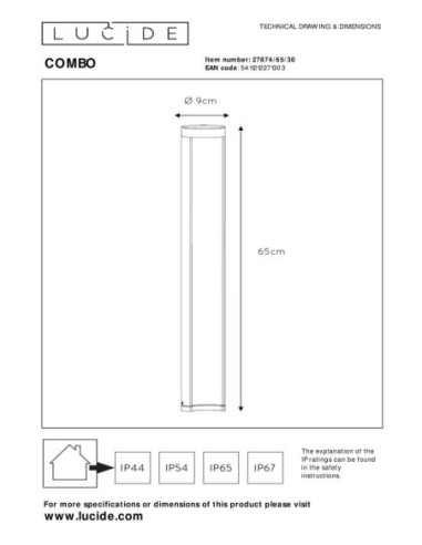 Combo  de Lucide -  Potelet Led 300lm 3000K IP54 aluminium noir 65 cm - dessin technique