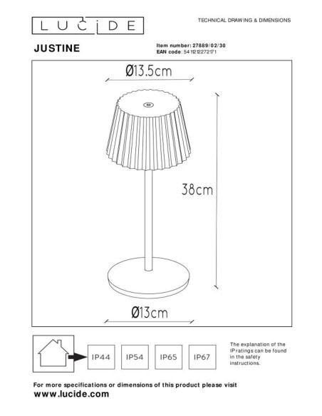 Justine  de Lucide - Lampe de table autonome étanche - dessin technique