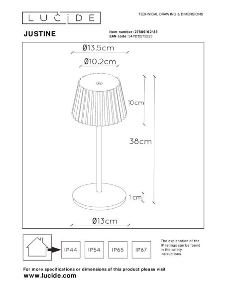 Justine  de Lucide - Lampe de table autonome étanche - dessin technique