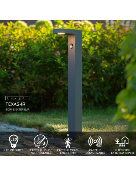Lucide - Texas - Potelet extérieur, 3000K, 400 lumens, détecteur, IP54 - fiche technique