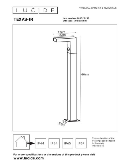 Lucide - Texas - Potelet extérieur, 3000K, 400 lumens, détecteur, IP54 - dessin technique