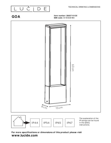 Goa  de Lucide - Potelet LED 300lm 3000K IP54 aluminium anthracite - dessin technique