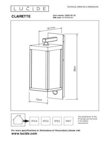 Clairette de Lucide - Applique murale Int/Ext anthracite - dessin technique