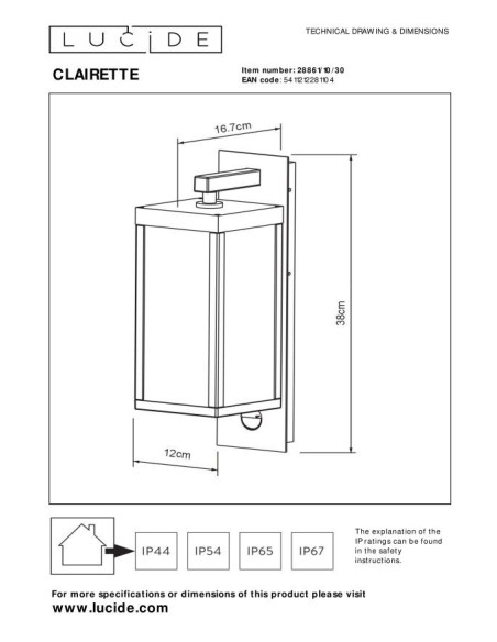Clairette de Lucide - Applique murale Int/Ext anthracite - dessin technique