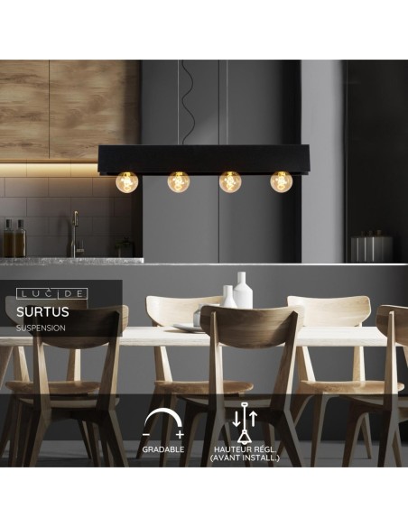 Suspension Dimmable 4xE27 60W Acier Noir - Lucide - Surtus