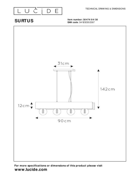 Suspension Dimmable 4xE27 60W Acier Noir - Lucide - Surtus
