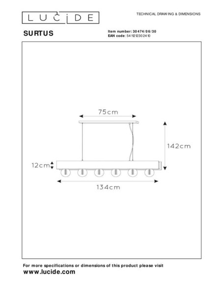Lucide SURTUS Suspension 6xE27 Noir | Deko Light