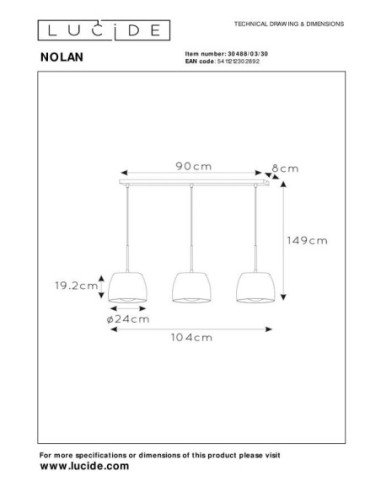 Lucide NOLAN Suspension 3xE27 Noir | Deko Light