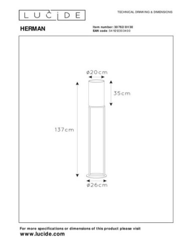 Herman  de Lucide  - Lampadaire métal abat-jour coton noir - dessin technique