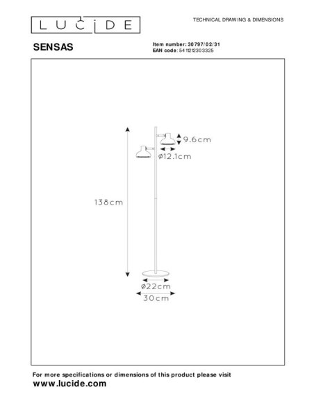 Sensas  de Lucide - Lampadaire Led   2xGU10 métal blanc - dessin technique
