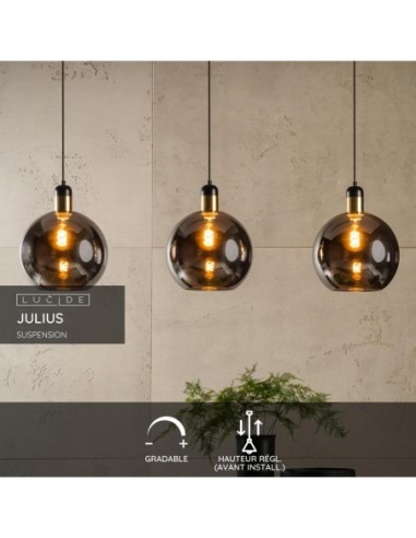 Suspension 3xE27 25W IP20 Dim. Verre et Métal Fumé - Lucide - Julius