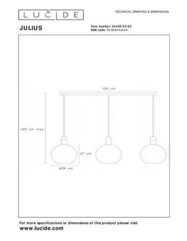 Suspension 3xE27 25W IP20 Dim. Verre et Métal Fumé - Lucide - Julius