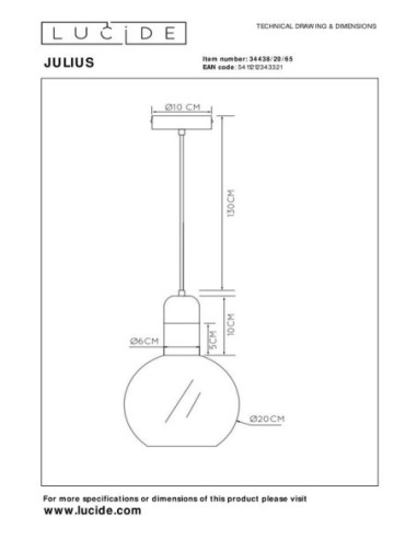Suspension Diam. 20 cm 1xE27 40W Verre Fume/ Or mat - Lucide - Julius