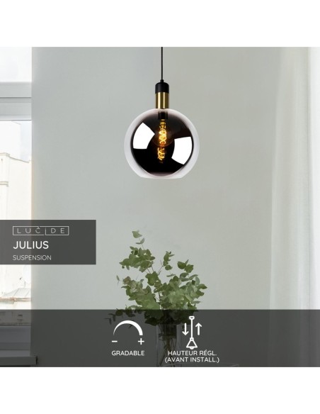 Suspension Diam. 28 cm 1xE27 40W Verre Fume et Noir - Lucide - Julius