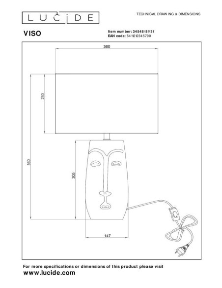 Viso  - Lucide - Lampe de table céramique et papier E27 - dessin technique