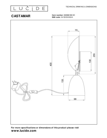 Lampe de table Castamar de Lucide - dessin technique