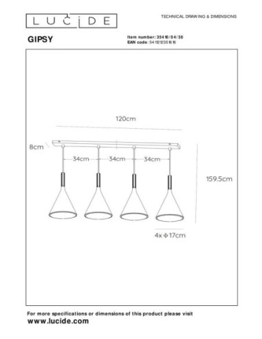 Suspension Led  4xE27 25 W IP20 Dim. Métal Noir - Lucide - Gipsy