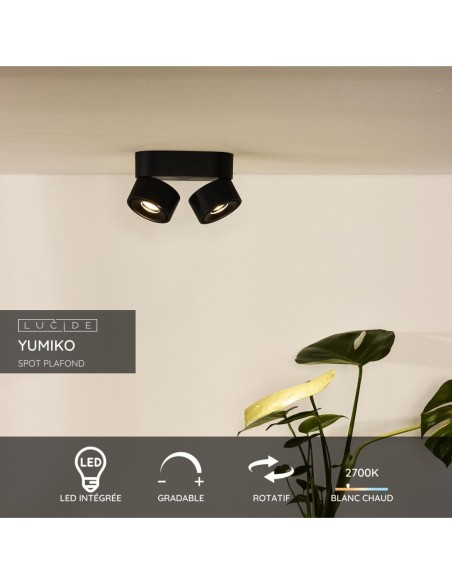 Plafonnier LED Dim. 2x10W 2700K 445 LM Dimmable Noir- Lucide - Yumiko