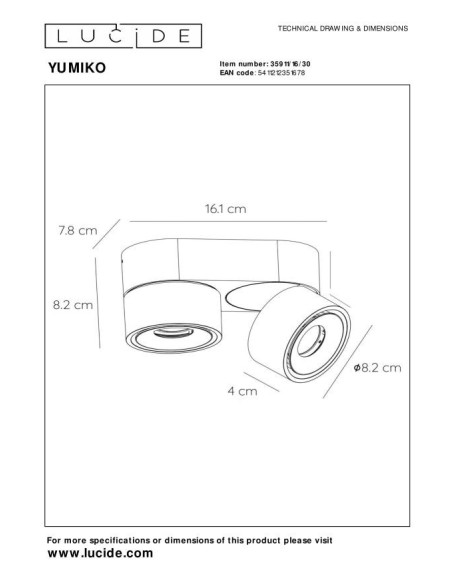 Plafonnier LED Dim. 2x10W 2700K 445 LM Dimmable Noir- Lucide - Yumiko