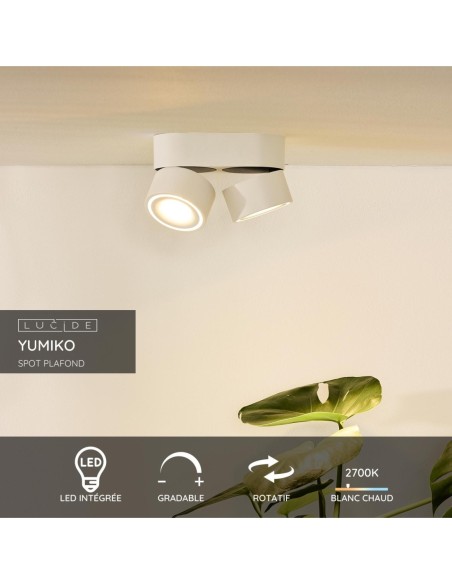 Plafonnier Diam. 7,8 cm LED Dim. 2x10W 2700K 484 LM Blanc - Lucide - Yumiko