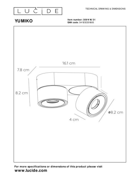 Plafonnier Diam. 7,8 cm LED Dim. 2x10W 2700K 484 LM Blanc - Lucide - Yumiko