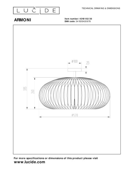 Plafonnier Diam. 52 cm 1xE27 40W Dimmable Noir - Lucide - Armoni