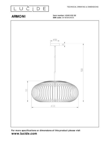 Suspension Diam. 52 cm 1xE27 40 W Dimmable Noir  - Lucide - Armoni