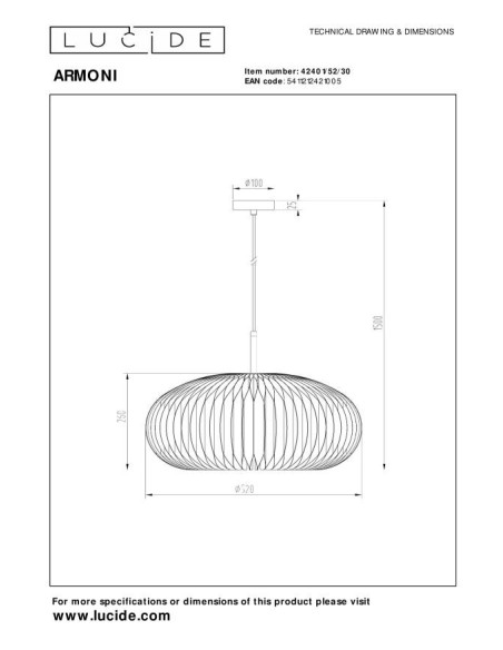 Suspension Diam. 52 cm 1xE27 40 W Dimmable Noir  - Lucide - Armoni