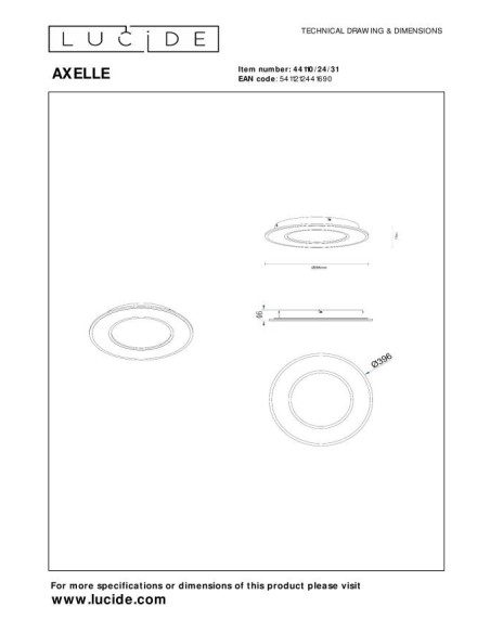 Axelle  de Lucide - Plafonnier Led dimmable 3 steps 1x24W 2700 K blanc rond  - dessin technique