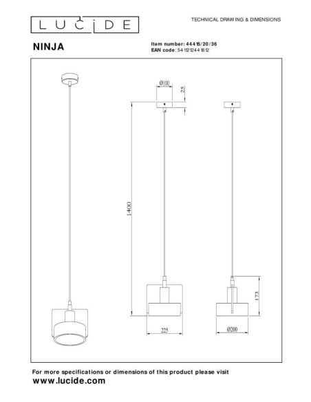 Lucide NINJA Suspension Diam. 20 cm 1xE27 Gris | Deko Light