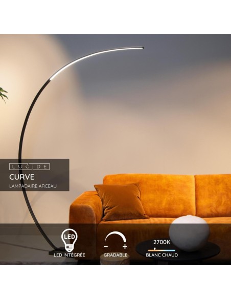 Lampadaire arceau LED Dim. 1x15W 2700K 540 LM  Noir - Lucide - Curve