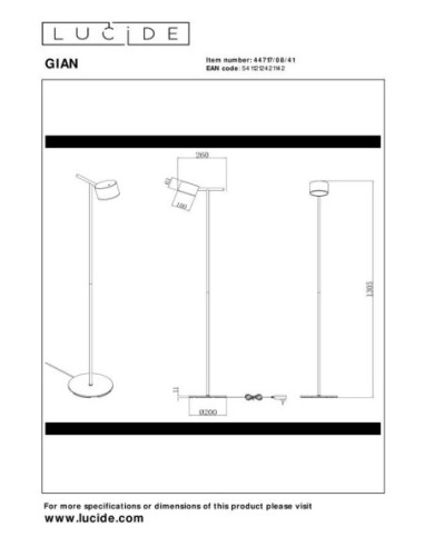 Gian de Lucide - Lampadaire Led Dimmable - dessin technique