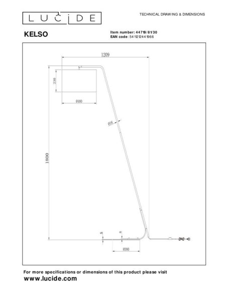 Lucide  - Kelso - Lampadaire métal  - dessin technique
