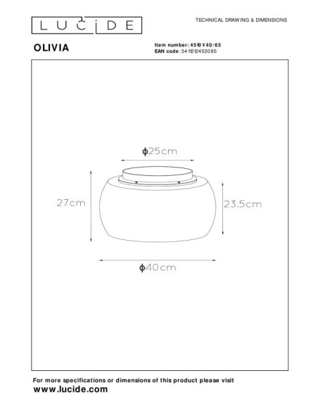 Plafonnier Diam. 40 cm 3xE27 40W Dimmable Fume et Noir - Lucide - Olivia