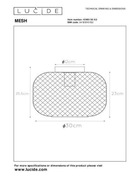 Lucide MESH Plafonnier Diam. 30 cm 1xE27 Or Mat / Laiton