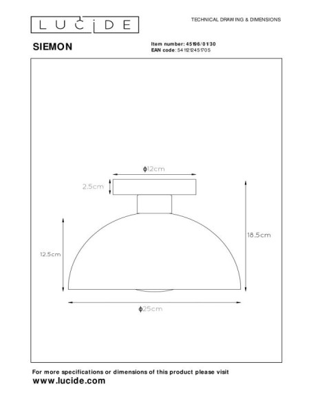 Lucide SIEMON Plafonnier Diam. 25 cm 1xE27 Noir | Deko Light