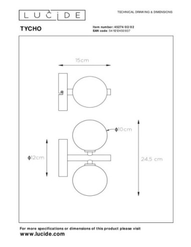 Lucide - Tycho - Applique murale Led 2xG9  - dessin technique