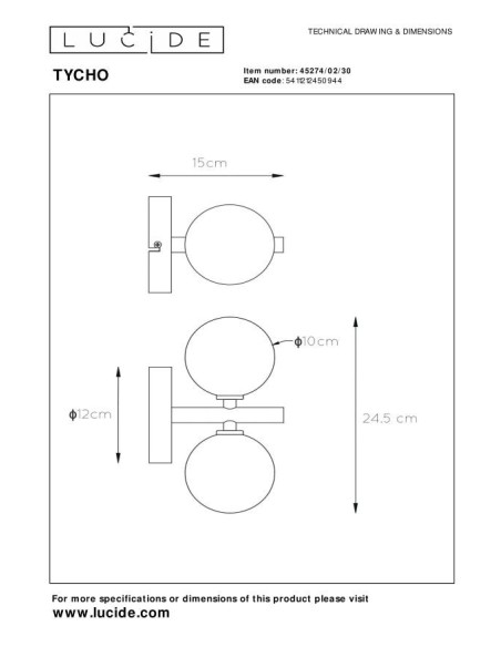 Lucide - Tycho  - Applique murale Led 2xG9 - dessin technique