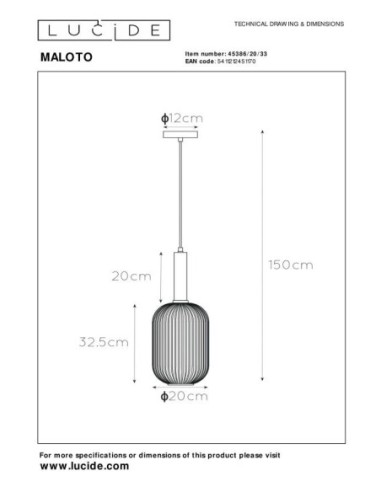 Suspension Diam. 20 cm 1xE27 40W Cylindrique Vert - Lucide - Maloto