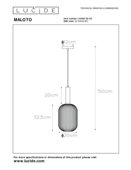 Suspension Diam. 20 cm 1xE27 40 W Cylindrique Ambré - Lucide - Maloto