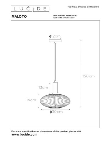 Suspension Diam. 30 cm 1xE27 40 W Ambre - Lucide - Maloto