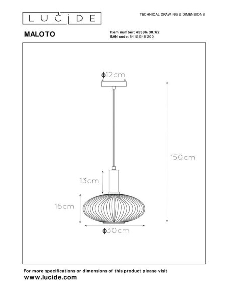 Suspension Diam. 30 cm 1xE27 40 W Ambre - Lucide - Maloto