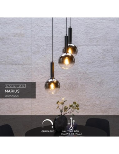 Suspension Diam. 48,5 cm 3xE27 40 W Dimmable Noir et fumé - Lucide - MARIUS