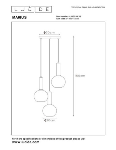 Suspension Diam. 48,5 cm 3xE27 40 W Dimmable Noir et fumé - Lucide - MARIUS