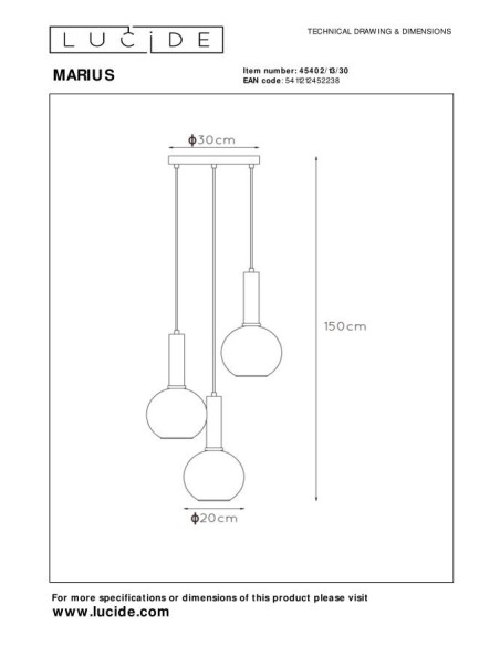 Suspension Diam. 48,5 cm 3xE27 40 W Dimmable Noir et fumé - Lucide - MARIUS