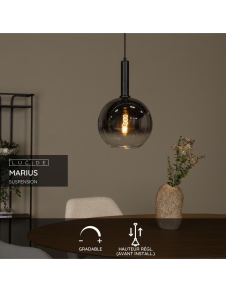 Suspension Diam. 30 cm 1xE27 40W Dimmable Noir et fumé - Lucide - MARIUS