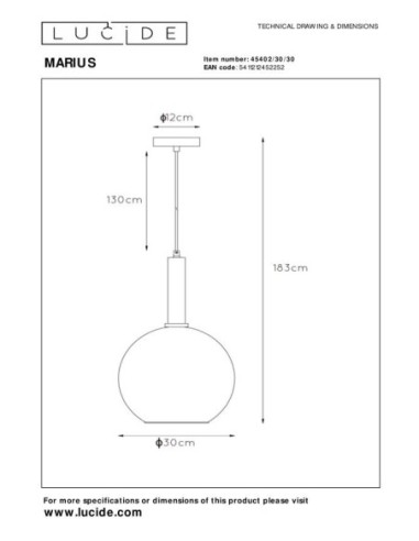 Suspension Diam. 30 cm 1xE27 40W Dimmable Noir et fumé - Lucide - MARIUS