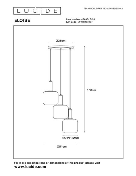 Eloise de Lucide - Suspension 3xE27 - dessin technique
