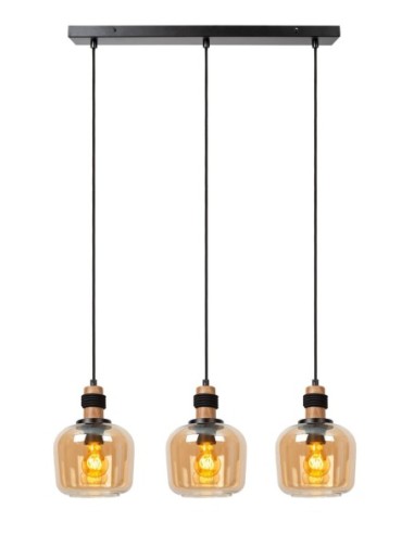 Suspension Led E27 métal noir/verre ambré - Lucide - Ilona